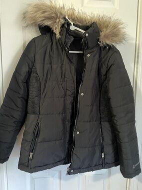 Free Country Black Hooded Puffer Coat with Faux Fur Trim